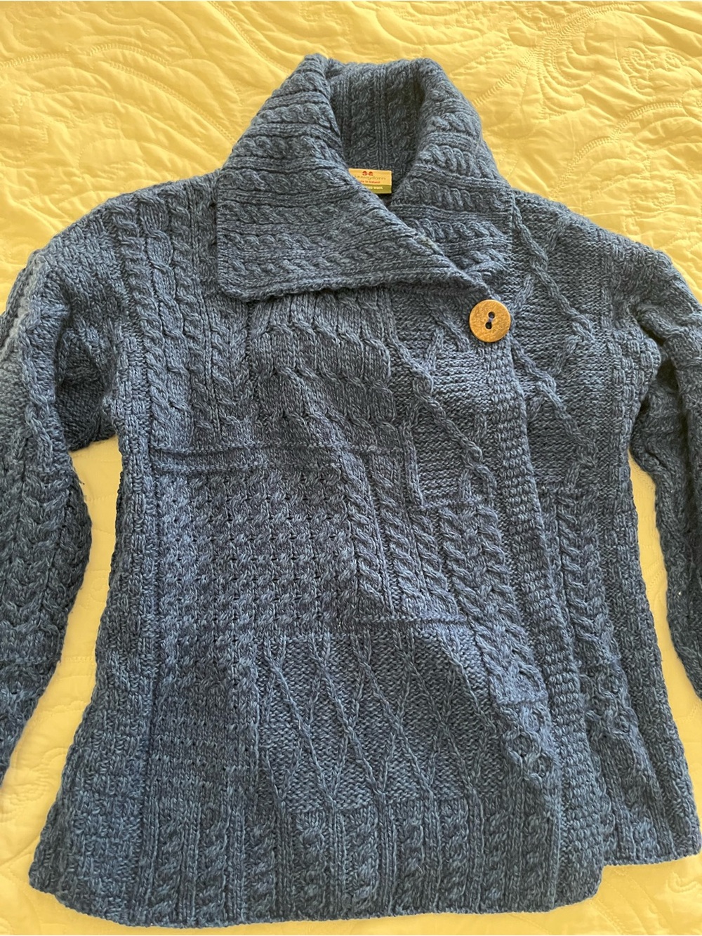 Carraigdonn Cozy Blue Cable-Knit Shawl Collar Cardigan 100% Merino wool M - Picture 3 of 8